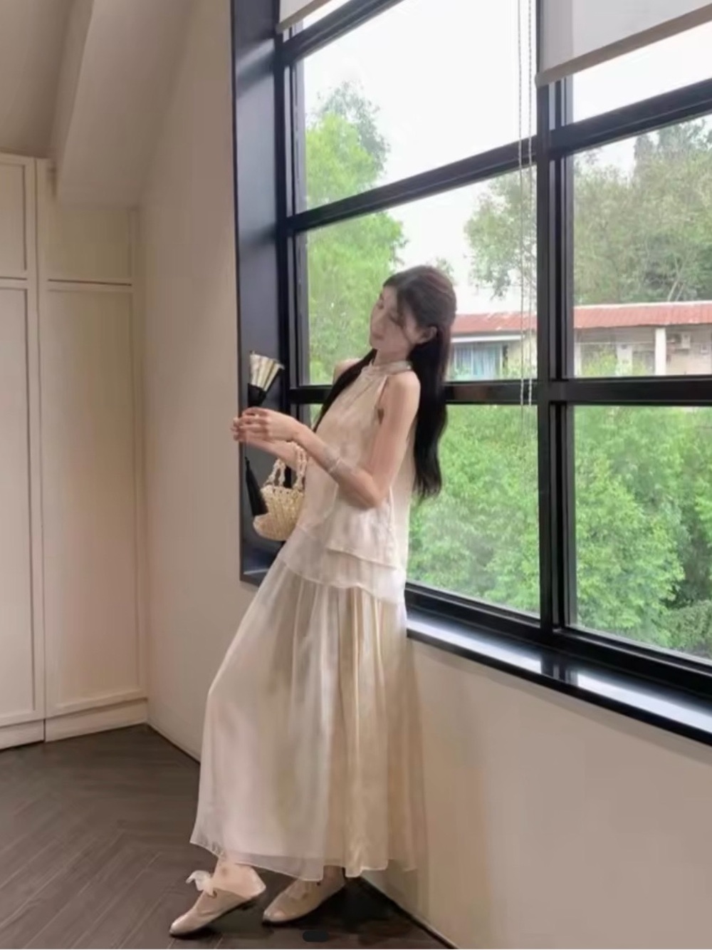 New Chinese style butterfly print top skirt set women’s summer long dress size S